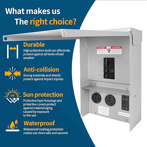 Miniatura 2 de Panel de toma de corriente temporal, panel de salida eléctrica para caravana, con disyuntor precableado, caja de disyuntor con receptáculo de 20,
