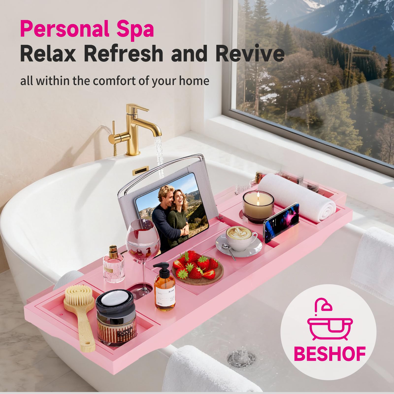 Bandeja Plegable para bañera, Bandeja de bambú para bañera con Soporte para Copas de Vino, Soporte para Libro, teléfono, Tableta con Lados Extensibles, Ajustable, Soporte para jabón Gratis (Rosa)