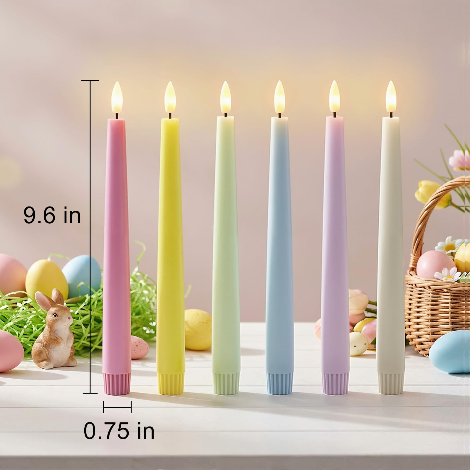 Dekoracje wielkanocne, pastelowe świece bezpłomieniowe – pastelowe świece stożkowe na baterie z timerem i pilotem zdalnego sterowania, dekoracja stołu domowego, wosk, makaron, 6 szt