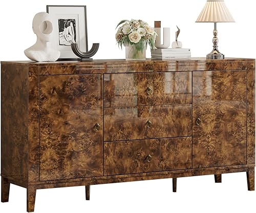 Vista 10 de Aparador Buffet de Madera Burl de Alto Brillo de 60'' Mesa Buffet con 3 Cajones y 2 Almacenamientos Cerrados, Aparador Moderno de Mediados de Siglo