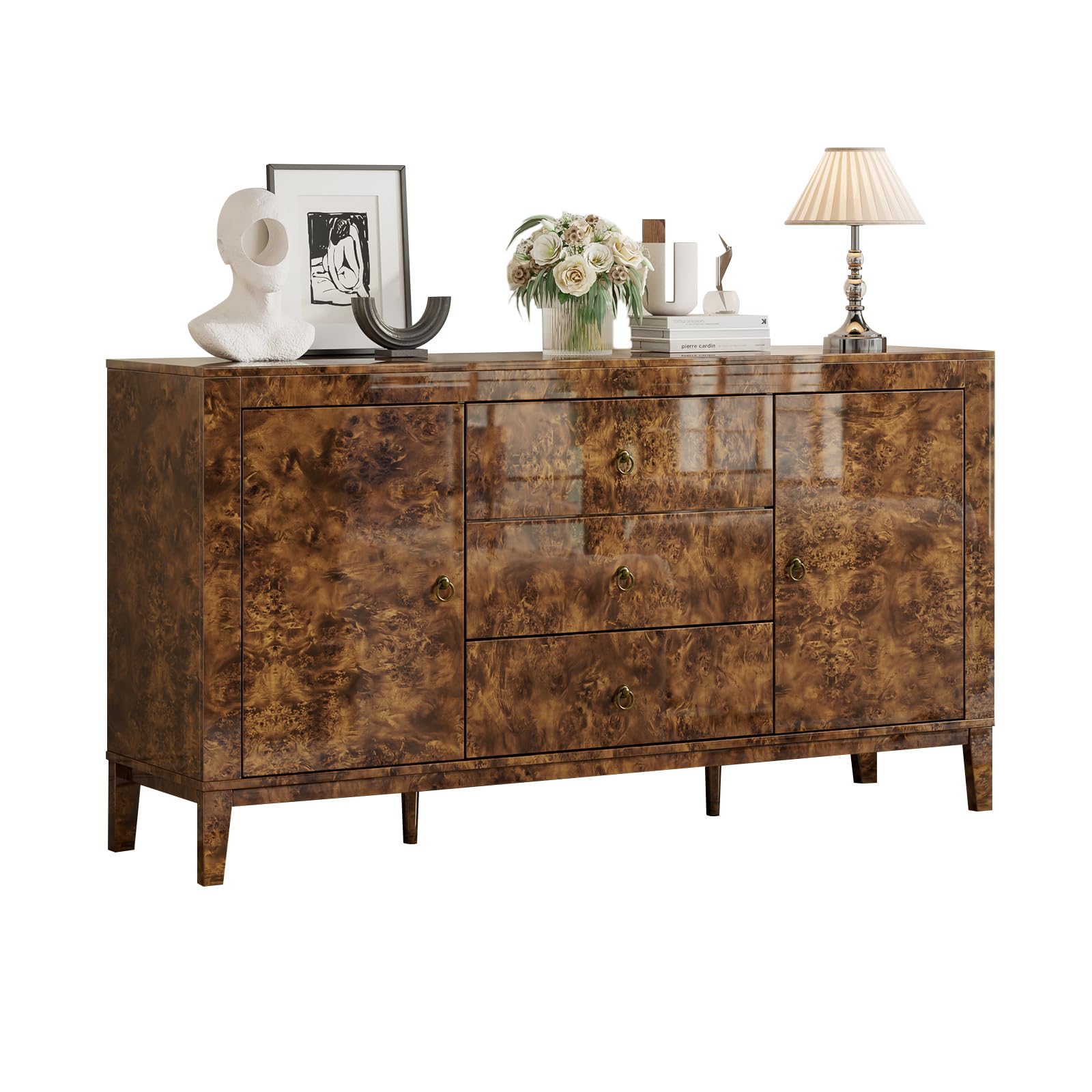 Amazon.com - 60'' Burl Wood Buffet Sideboard, High Gloss Storage ...