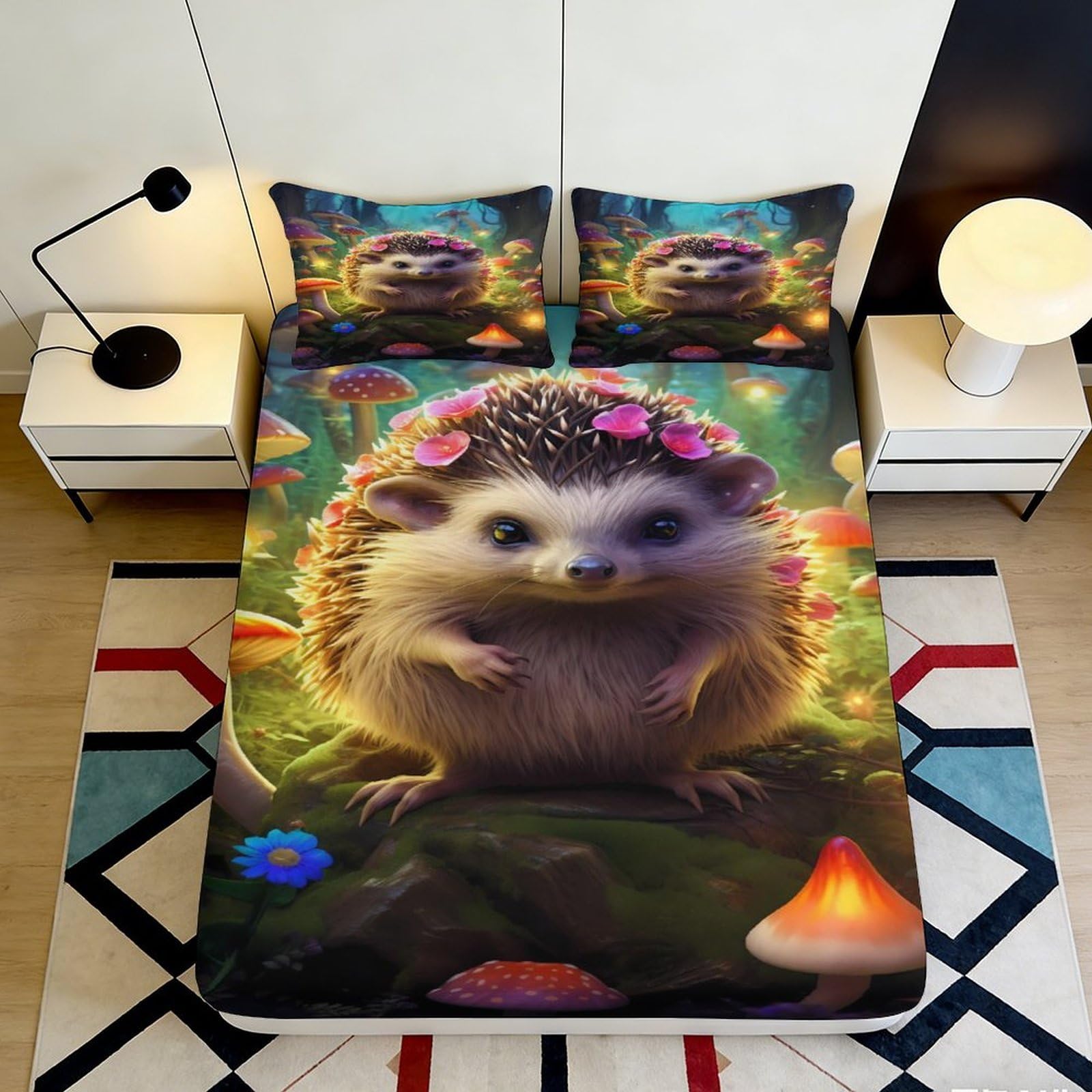 3D Printed Cute Hedgehog Forest Fitted Sheet Microfiber Soft Breathable Mushroom Bed Cover for Bedroom Dorm Decor 115 120x200x25cm