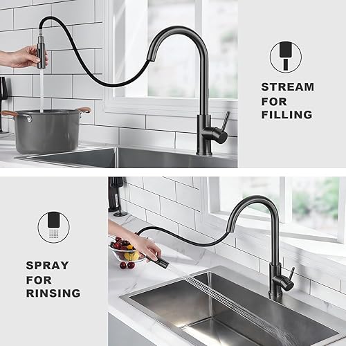 Miniatura 3 de Tohlar - Grifos de cocina grises con pulverizador desplegable, grifo de fregadero de cocina de una sola manija negro mate moderno de acero