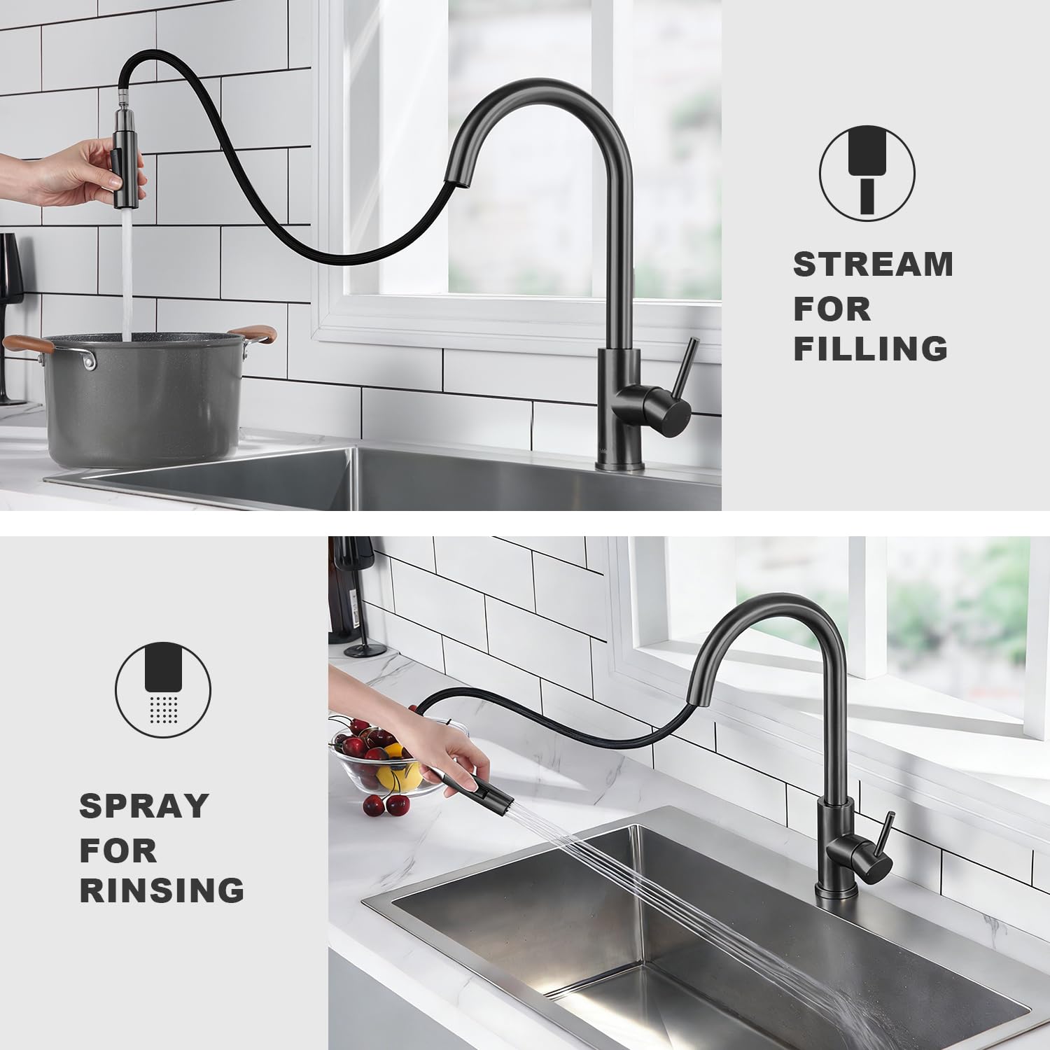 Tohlar Grifos de cocina grises con pulverizador extraíble, grifo de fregadero de cocina de una sola manija, color negro, moderno grifo de cocina de acero Staninless con placa de cubierta, gris
