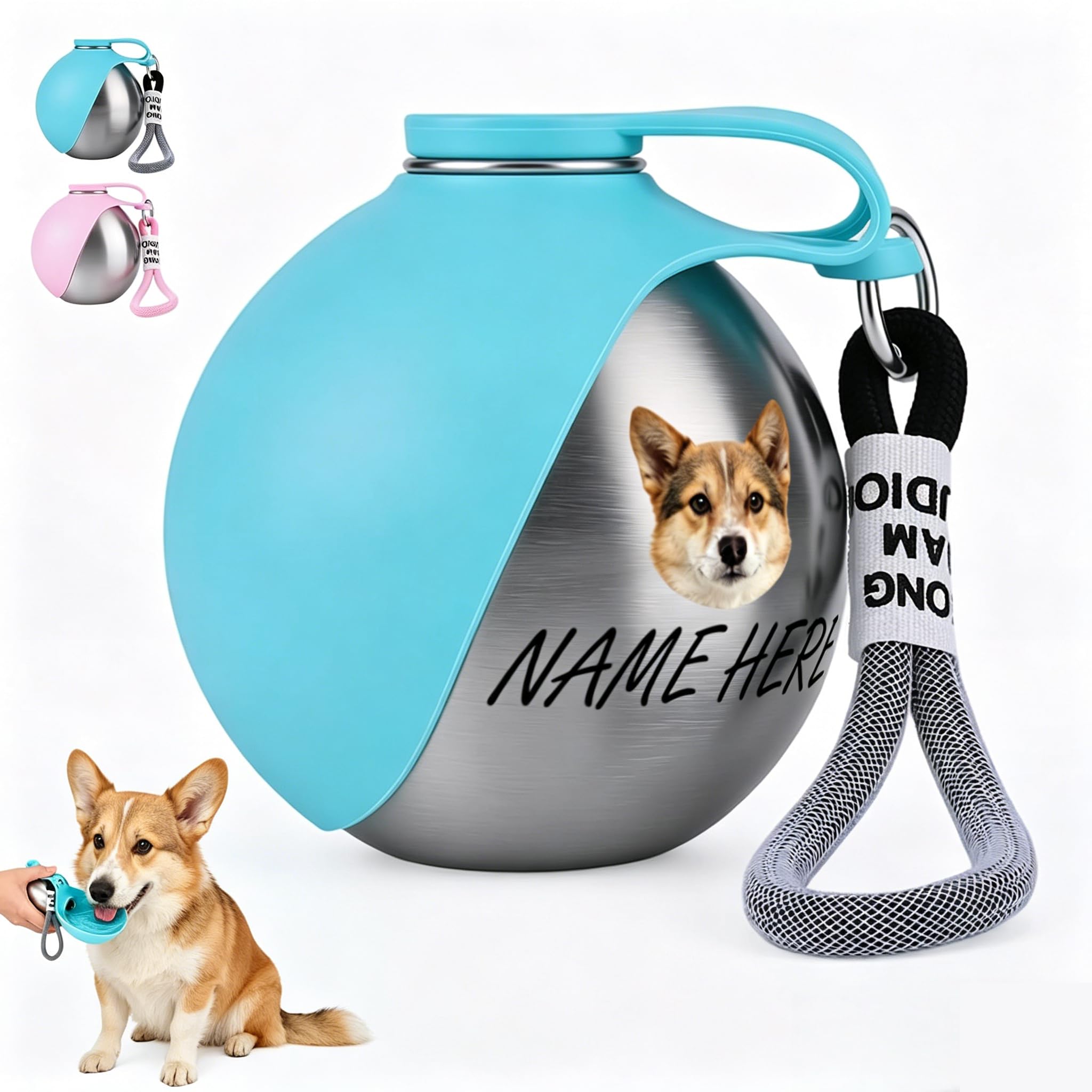 Personalised Dog Water Bottle for Walking with Photo & Name, Custom 2 in 1 Portable Pet Water Bottle, Stainless Steel Dog Travel Bottle & Silicone Bowl for Walks, Hikes, Road Trips, Park Visits (Blue)