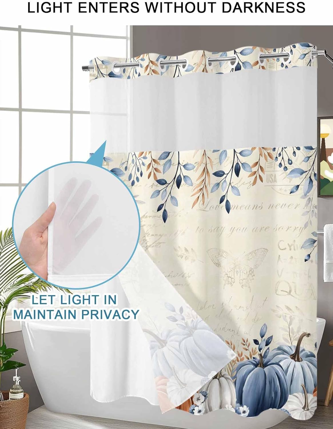 No Hook Shower Curtain, Autumn Pumpkin Standard Shower Curtains with Snap in Liner, Thanksgiving Blue Eucalyptus Leaf Beige Waterproof Washable Fabric Bathroom Curtain Sets, 66" x 72"