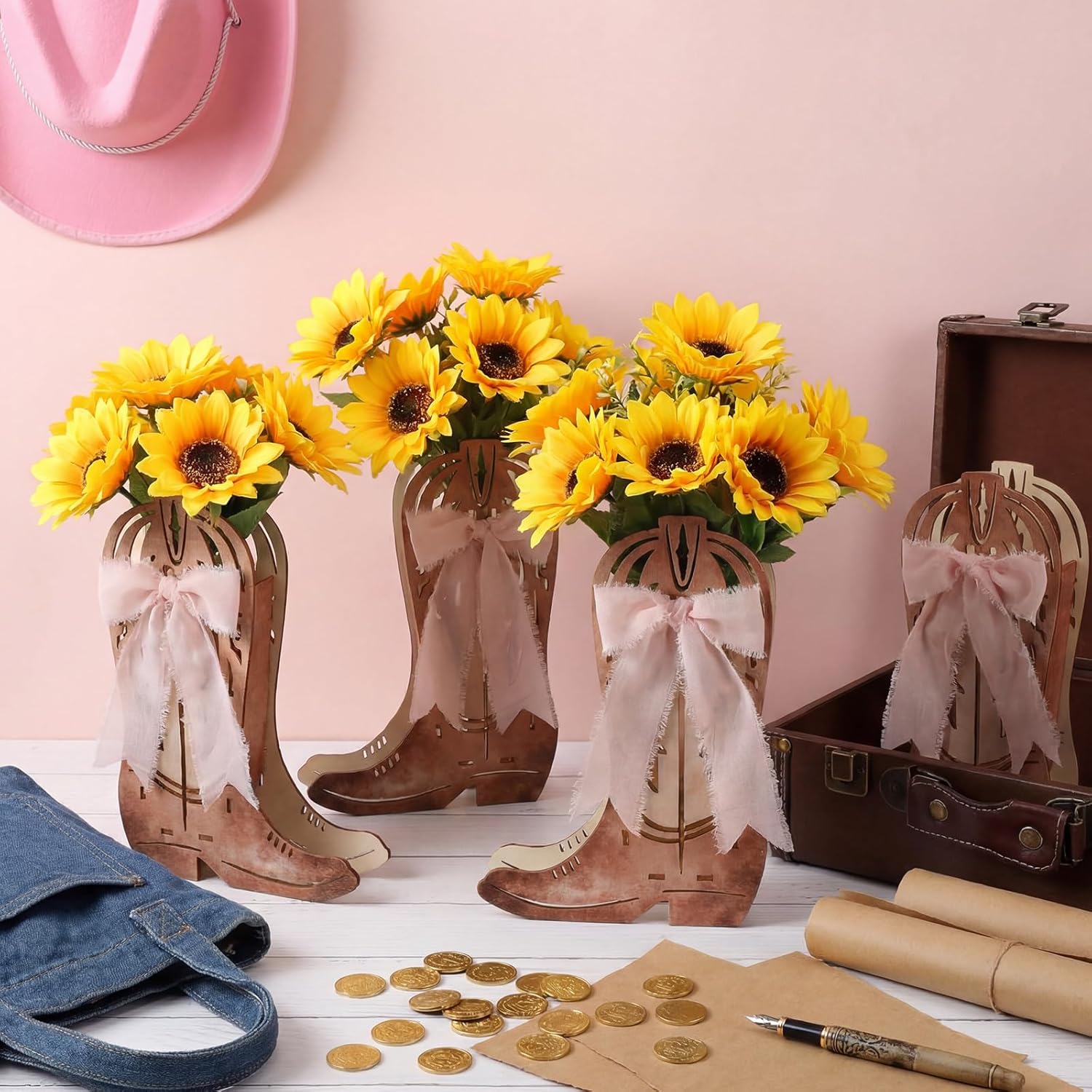 Amyhill 12 Pcs Western Cowgirl Boots Flower Boxes Centerpiece Boot Shape Wood Boxes Decor Western Theme Party Cowgirl Favors Tabletop for Cowboy Birthday Party Baby Shower Wedding Supplies (Pink)