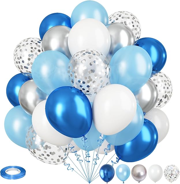 Blue and Silver Balloons, 12 Inch Metallic Blue Silver White Balloons Set, Pearl Light Blue Aqua Baby Blue Silver Confetti Latex Balloons for Boys Birthday Baby Shower Christening Party Decorations