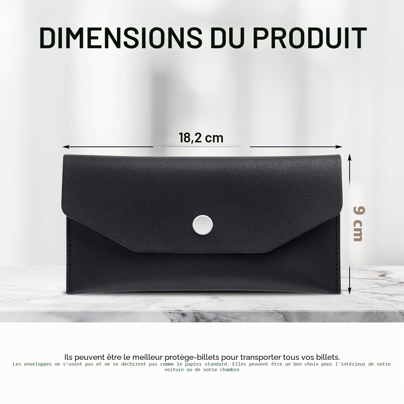 Molain Portefeuille d'enveloppe de trésorerie en cuir PU réutilisable 7,2 x 3,6 po Noir
