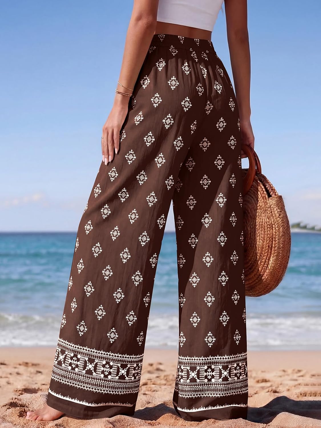  Womens Pants Elastic Waist Striped Lightweight Palazzo Pant | Casual Lounge Wide Leg Pants Woman with Pockets, Floral Print, Gingham Textured Cute Pants, Drawstring, Flowy Summer Outfits thumbnail