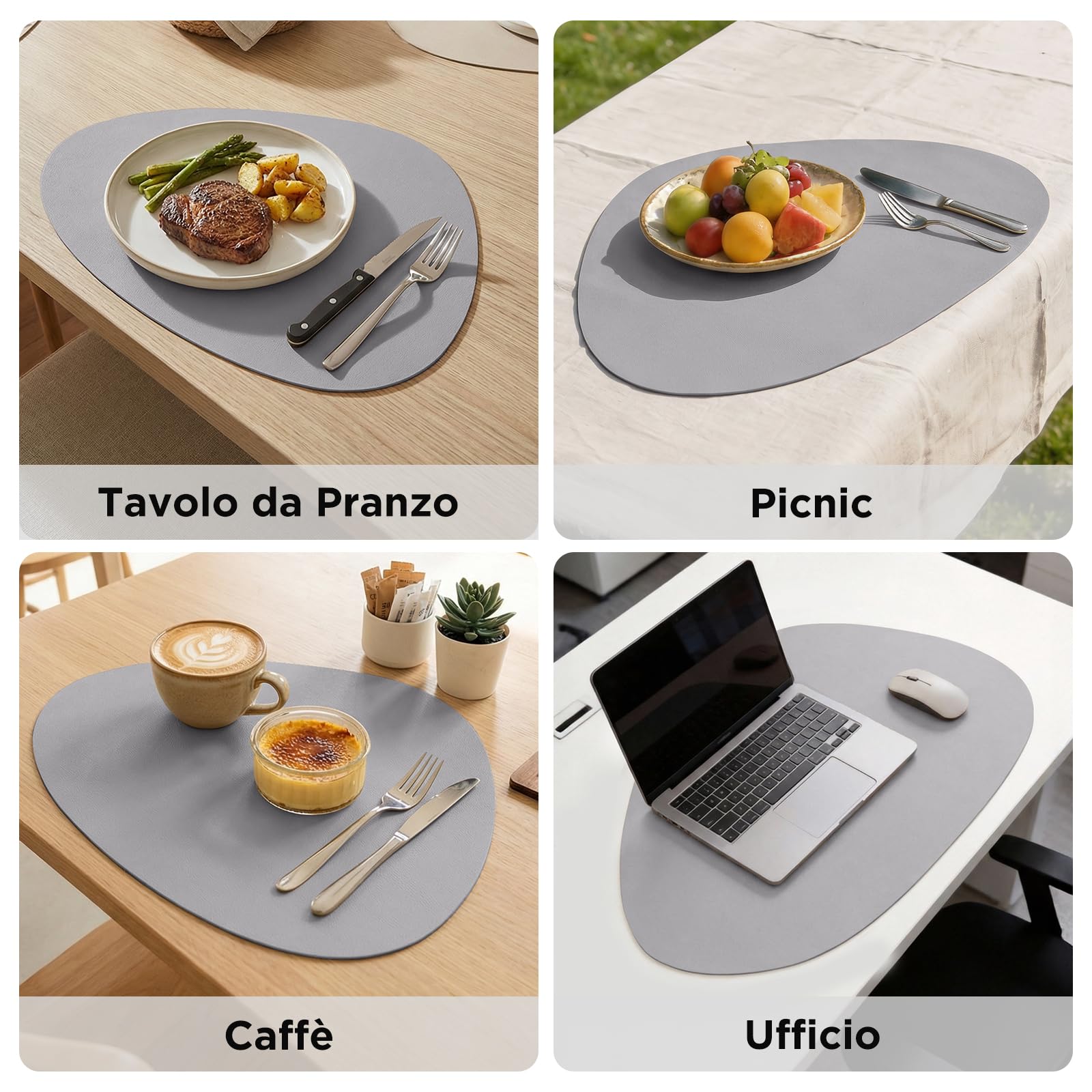 Tovagliette Lavabili in Pelle con Sottobicchieri - Impermeabili, Facili da Pulire e Resistenti al Calore - Ideali per Casa e Ufficio, Set di 4, Grigio Chiaro
