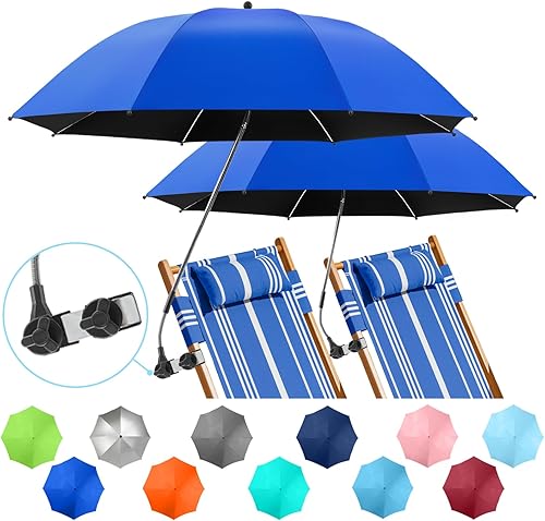 Miniatura 8 de Paquete de 2 paraguas de playa con abrazadera, paraguas ajustable de 360° para silla, paraguas UPF50+ para silla de playa, silla de patio, silla de