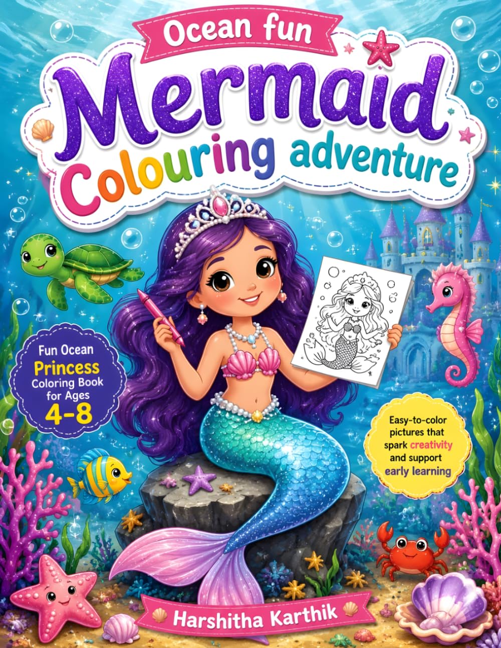 Mermaid Coloring Adventure: Fun Ocean Coloring Book for Kids Ages 4–8 with Cute Mermaids, Sea Animals, Shells, and Underwater Scenes