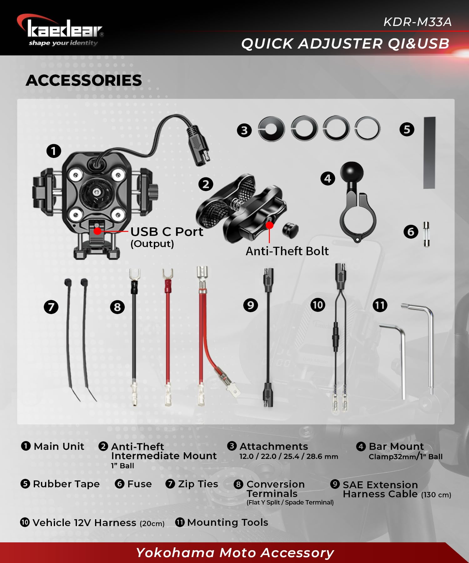 Kaedear Supporto per telefono per moto di ricarica wireless Qi, KDR-M33A