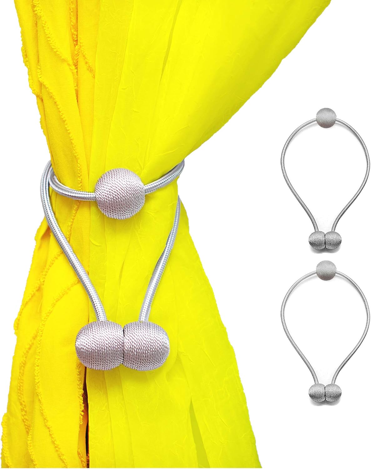 TropicalSeep 2 Pack Silver Grey Magnetic Curtain tiebacks - Buckle tie Backs for Draperies, NO Drill Curtains tieback Magnetic - Elegant Drape Ties Backs, Pull Backs, holdbacks with Movable Ball