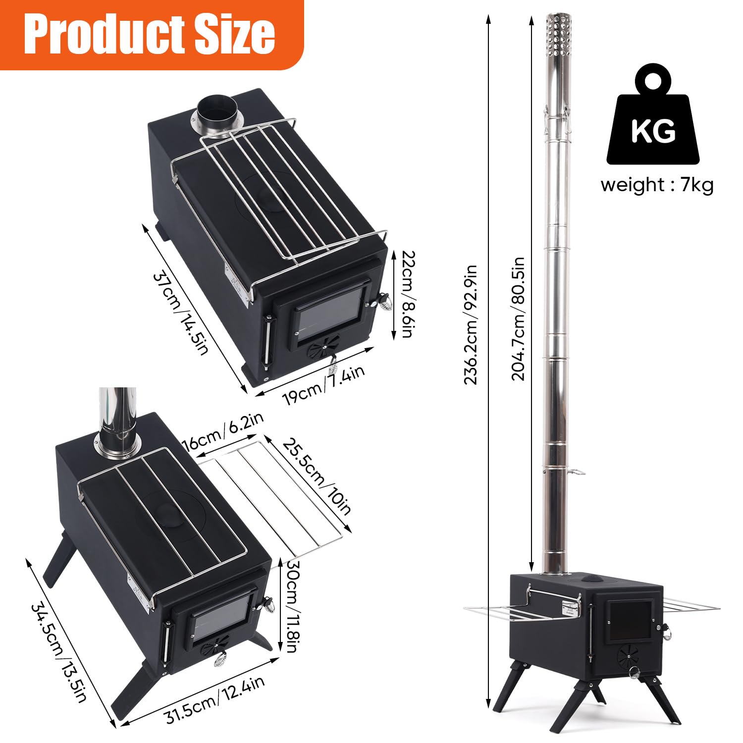 Estufa de tienda de campaña, estufa de leña portátil para acampar al aire libre con tubos de chimenea y guantes de acero inoxidable, estufa de leña para cocinar, calefacción, camping, tienda