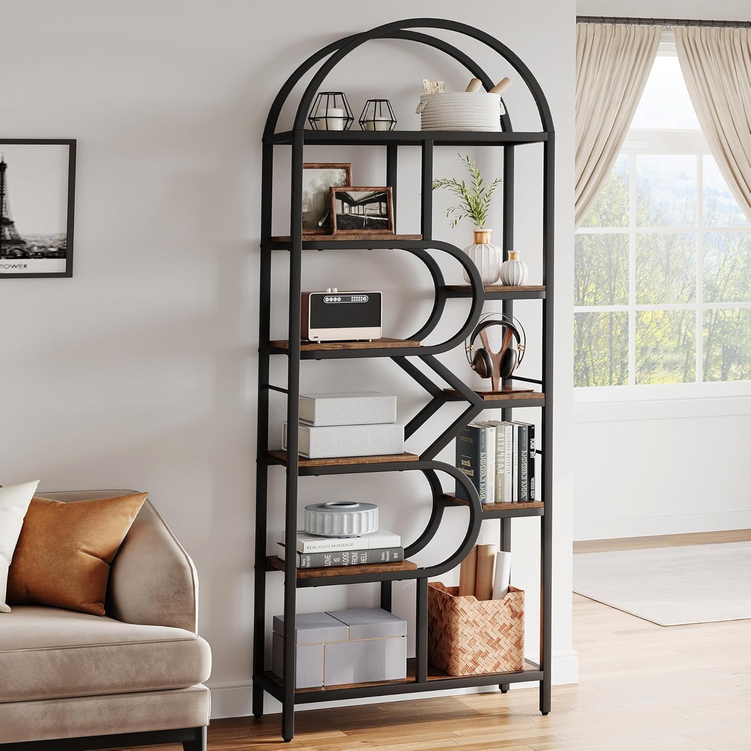 Regał z 6 poziomami łukowy design - 208 cm metal/MDF, 16 kg na podłogę - regulowane, otwarte półki do salonu/sypialni/biura (antypoślizgowy, łatwy montaż)