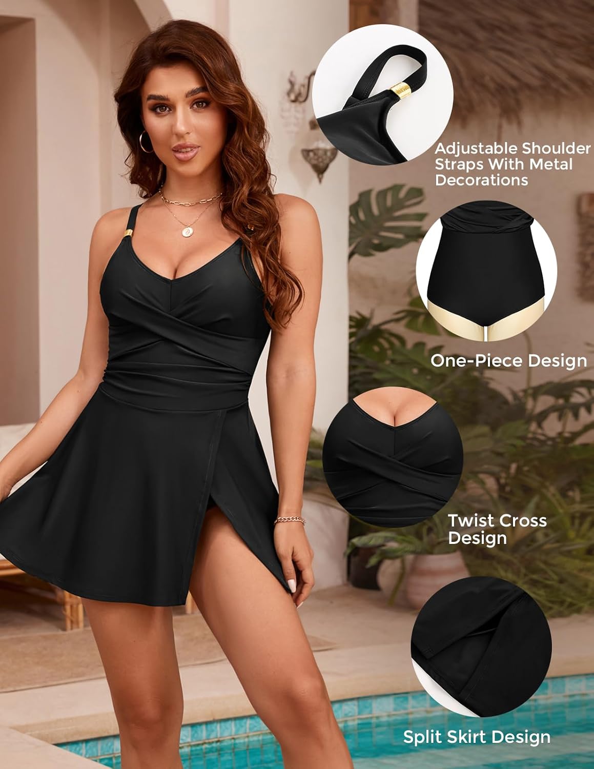 Hanna Nikole Womens One Piece Swimsuits,Tummy Control Bathing Suit,Gold Metal Criss Cross Swimdress,Skirted Swimwear - Image 5