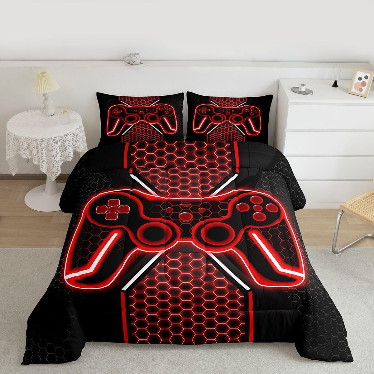 Feelyou Gamer Bedding Set Twin Size Gaming Duvet Quilt for Kids Teens Adults Game Controller Comforter Set Geometric Gamepad Blue Room Decor 2Pcs with 1 Pillow Case