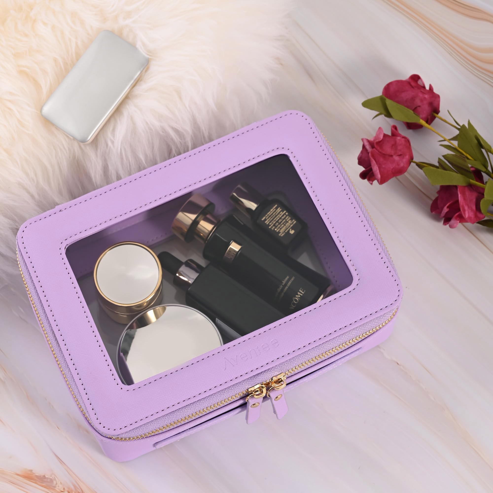 Aveniee Beauty case trasparente piccola, mini beauty case da viaggio organizer per cosmetici, approvato dalla TSA, custodia trasparente con cerniera, essenziale per auto per donne e uomini, Lilla