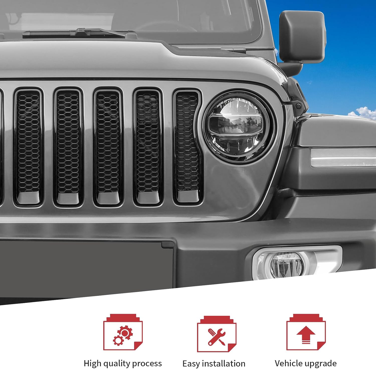 JeCar Black Grill Inserts & Headlight Covers Trim Accessories Fit for Jeep Wrangler JL JLU 2018-2023 Exterior Accessories (Fits Factory Grill with Trim Rings)