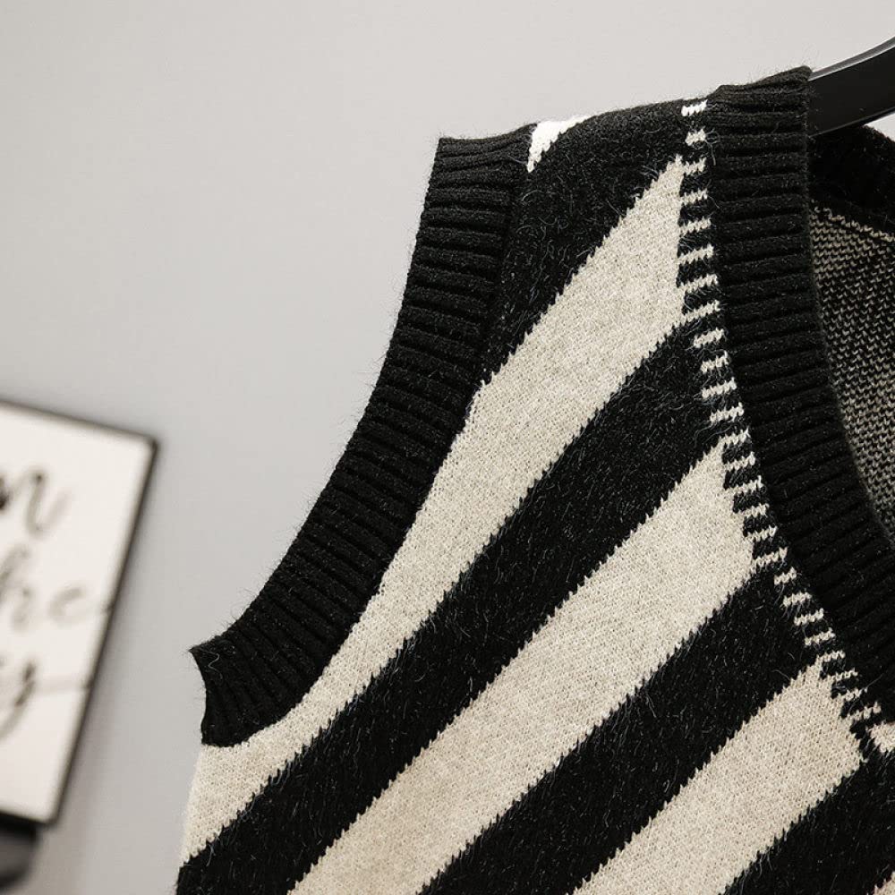 Ärmellose Strickweste Damen,Damen V-Ausschnitt Pullover Weste Retro Schwarz Diagonale Streifen Kurze Mode Ärmellos Strickwesten Weste Preppy Style Jumper Uniform Tank Top
