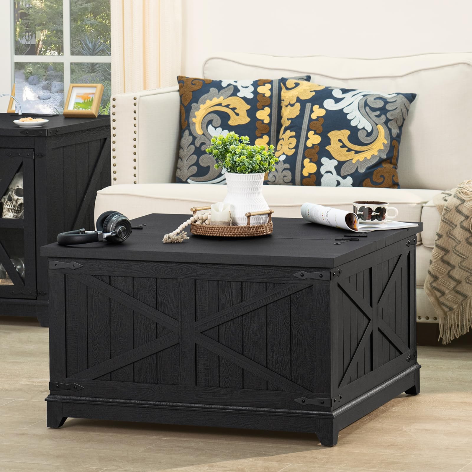 Farmhouse Coffee Table with Hidden Storage Organizer, Black Square Large Center Table, Wood Farm House Low Modern Living Room Tables with Hinged Lift Top for Home, Office