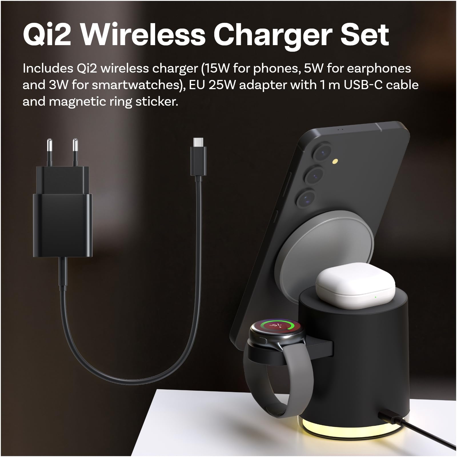 Bezprzewodowa Stacja Ładująca do Samsung firmy MMOBIEL - 4 w 1 Magnetyczna Indukcyjna Stacja Ładująca Certyfikatem Qi2 do Samsung Galaxy S25/S24/S23/S22, Watch 7/6/5, Buds – W Tym 25W Adapter – Czarny