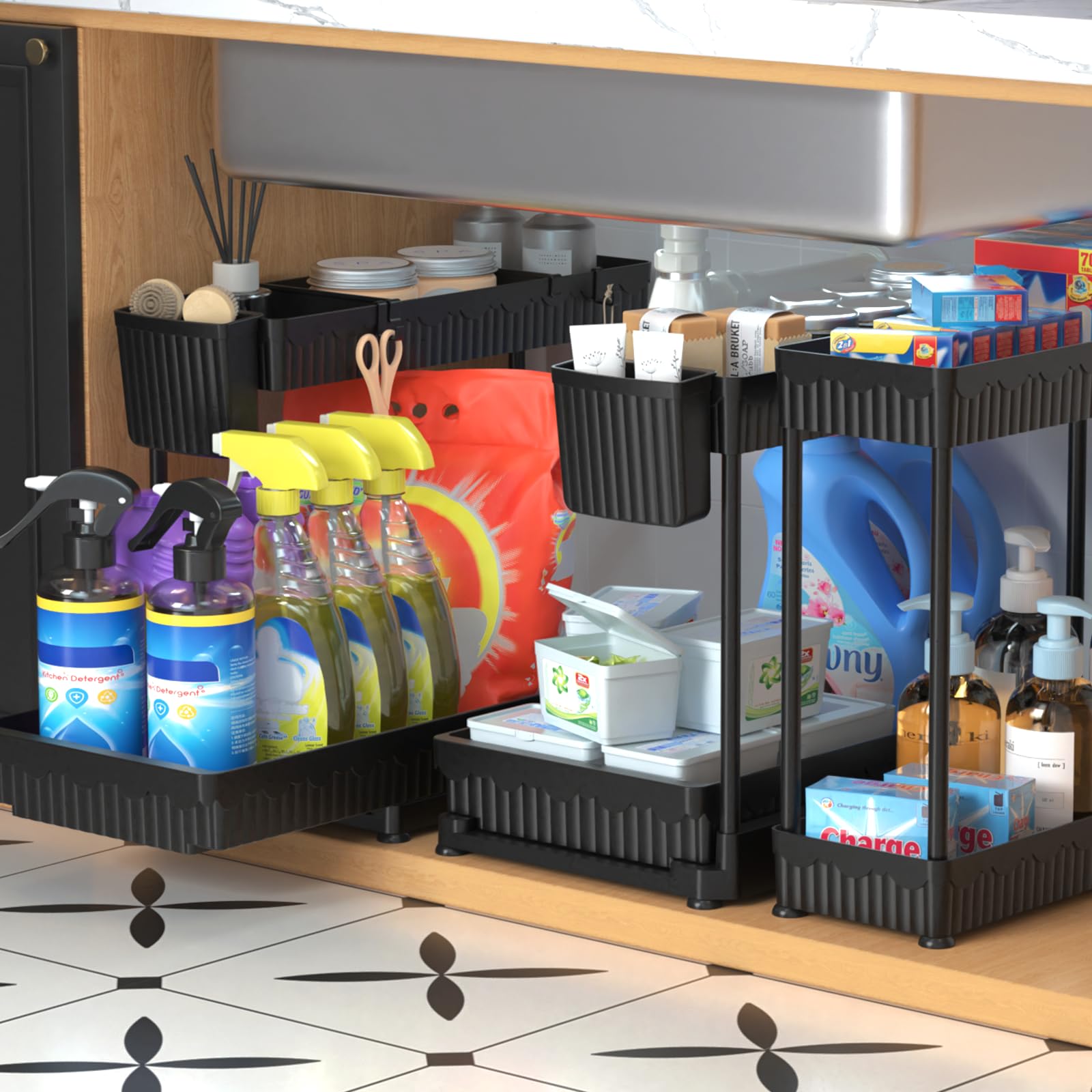 3 Pack Multi-Purpose Under Sink Organizers and Storage, 2025 L-Shaped Pull Out Cabinet Organizer for Bathroom & Kitchen, Under Cabinet Organizer with Hooks Hanging Cup, BlackRecycled Claim Standard 100