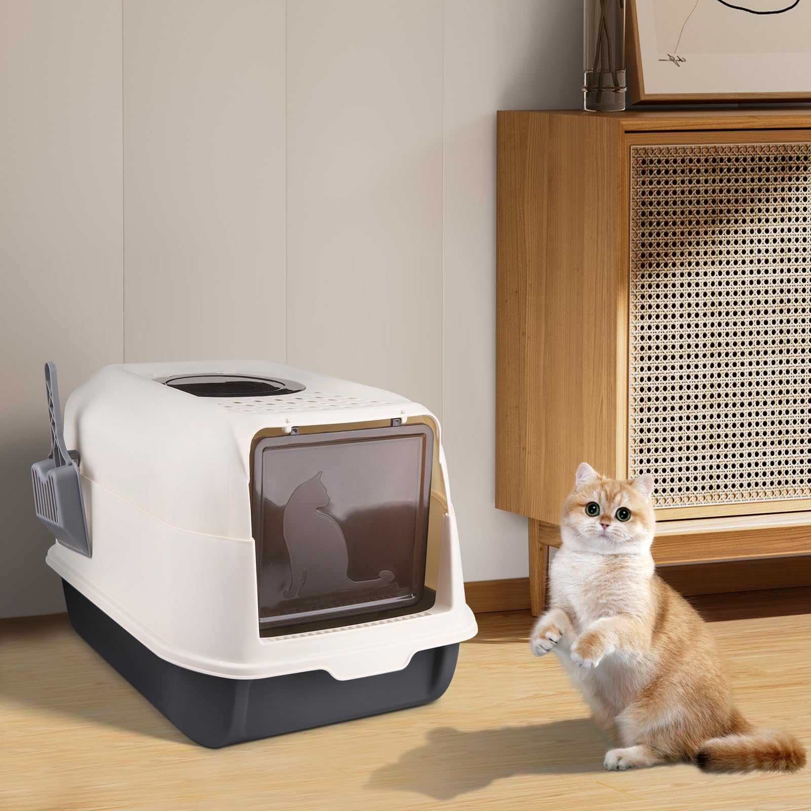 Bac à Litière Fermé pour Chat, Maison de Toilette, Plateau Amovible, Pelle, pour Grand Chat, Capacité de Charge 15 kg,Anti-fuites 36 * 51 * 34 cm-Noir