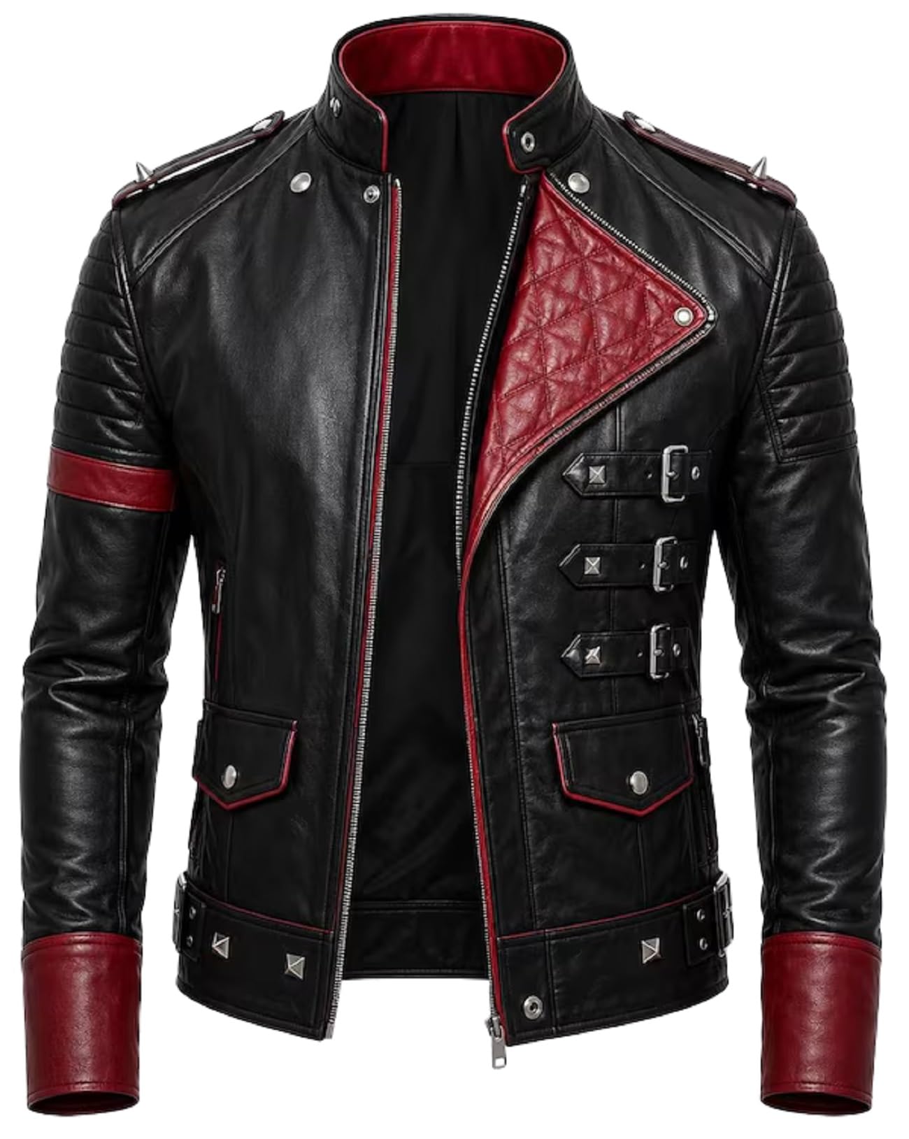 Giacca da uomo in pelle rossa e nera ispirata alla pop star, stile punk rock, con borchie, abbigliamento da motociclista