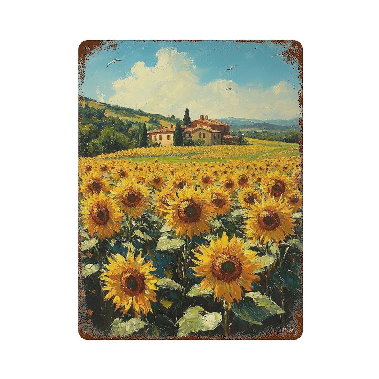 Retro Metal Sign Impressionist Inspired Sunflower Field And Countryside 15.7"x11.8", Retro Wall Decor for Living Room, Hallway And Home Decor