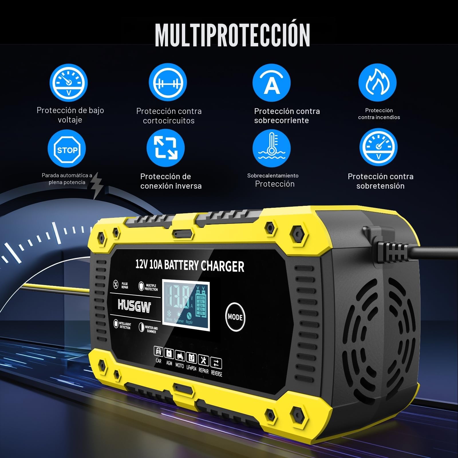 12V10A Cargador Baterias Coche, Cargador de Baterias Coche y Moto Inteligente y Funciones, Adecuado para Baterías Automotrices LiFePO4,para Coche/Moto/Clippers/AGM/Gel/Wet/SLA (10A) (10 Amarillo)