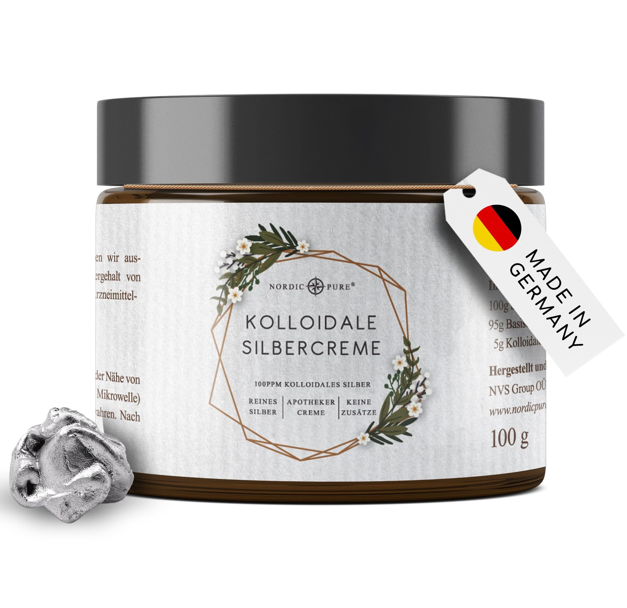 Nordic Pure Kolloidales Silber Creme • 100g Natürliche Silbercreme mit Silberwasser 100 ppm Premium Qualität aus Deutschland