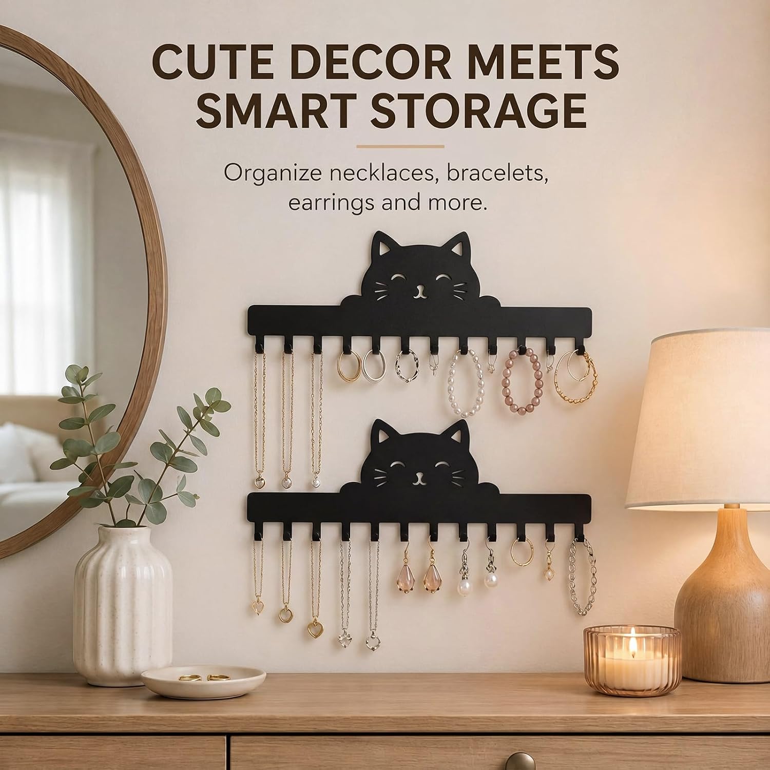 Hicarer 2 Pack Black Cat Necklace Organizer Wall Mount Holder with 24 Hooks