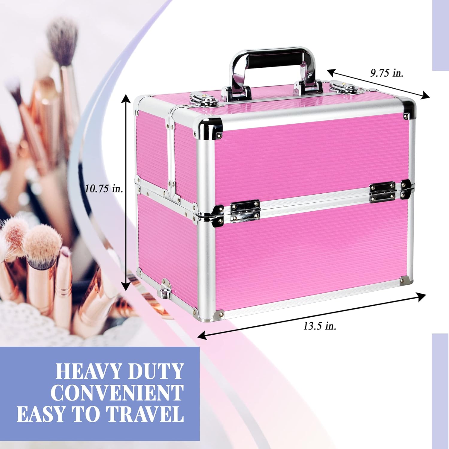 Ver Beauty Makeup Organizer, Cosmetic Travel Kit, Makeup Artist Supplies, 2 Sliding Trays, Lockable Storage Box, Makeup Train Case, Aluminium Case, Lightweight Makeup Vanity (Pink Stripes)