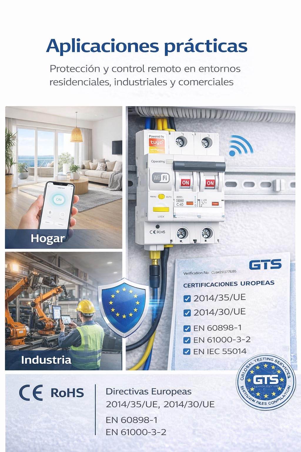 RASMACOR Interruptor Magnetotérmico Reajustable WIFI 2P 16A Curva C 6kA Compatible App Tuya Smart Domótica
