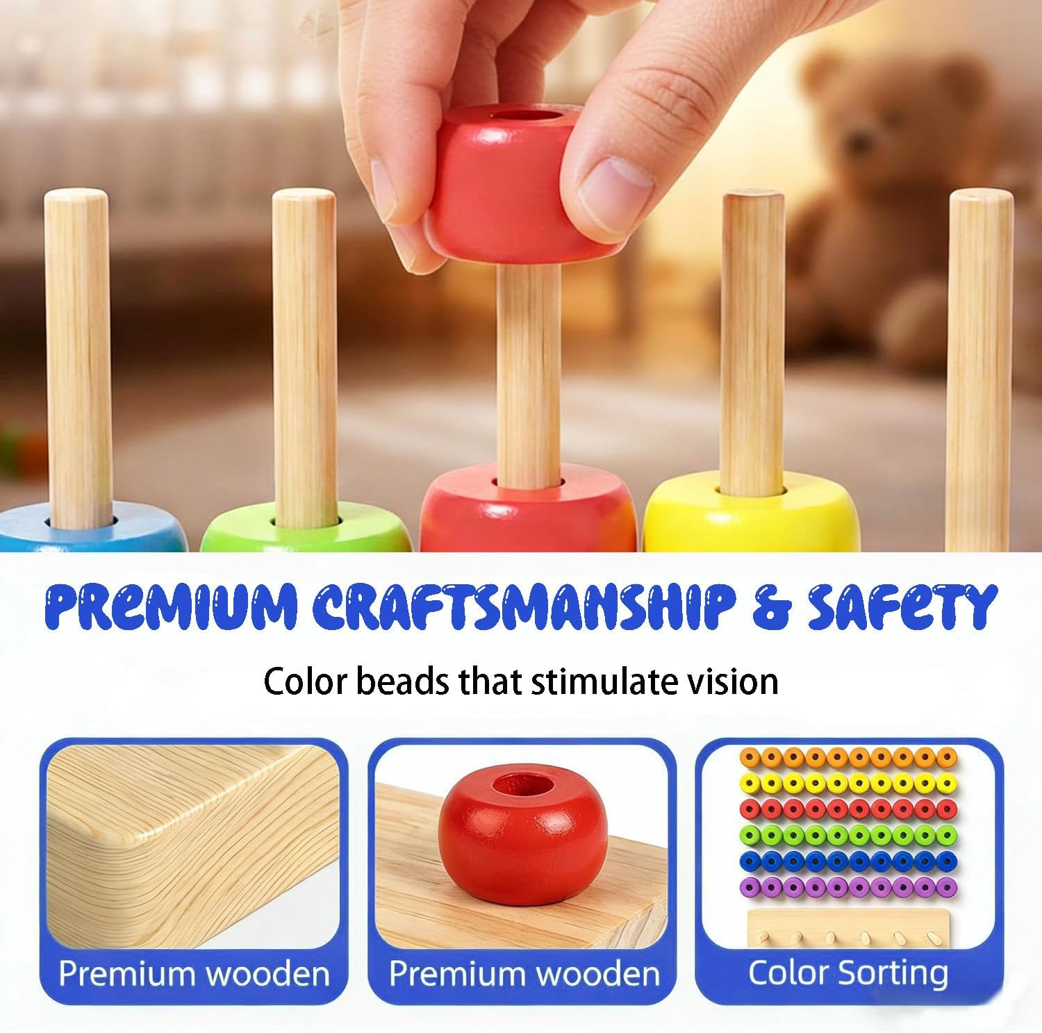 VKX Wooden Color Match Challenge Game, Color Stacking Challenge - 60 Colorful Rings & Cards, Tabletop Puzzle Stacking Game for Family, Adults, Teens