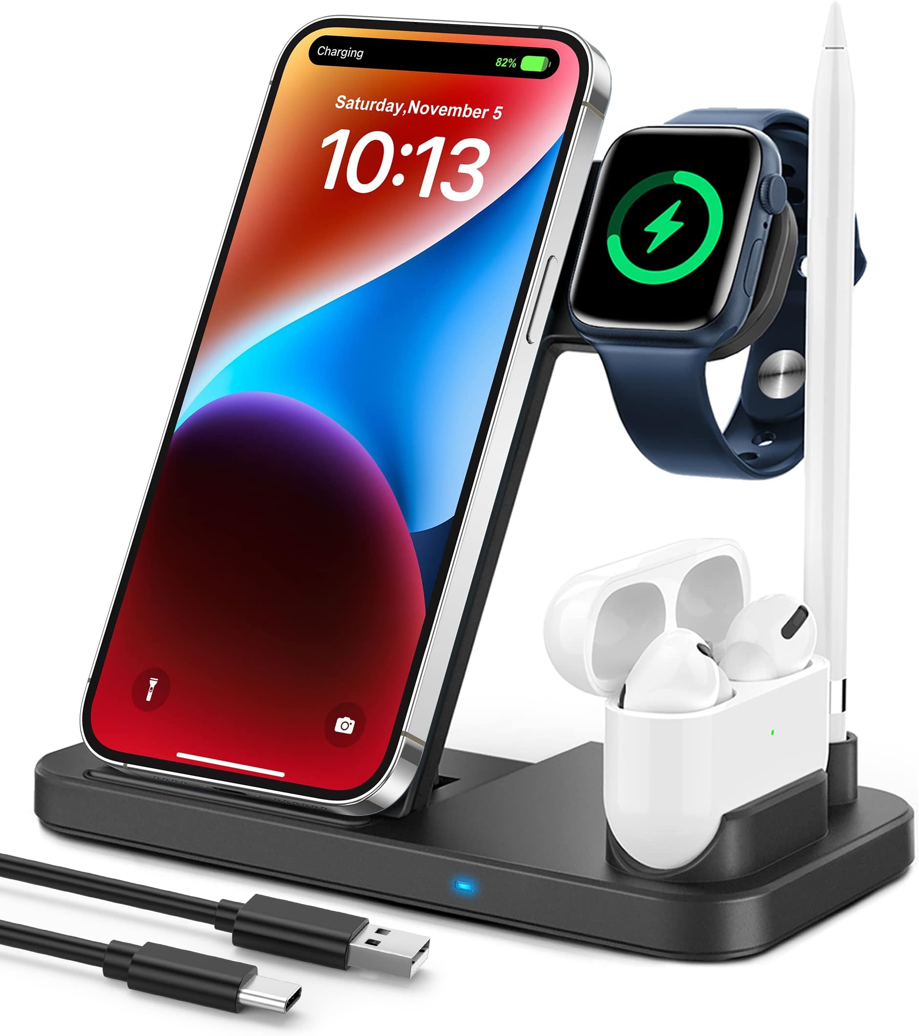 4 in 1 Wireless Charger, Apple Watch & AirPods & Pencil Charging Dock Station, Nightstand Mode for iWatch Series 8/7/6/5/4/3/2, Fast Charging for iPhone 14/13/12/11 Pro Max/XR/XS Max/Xs/X