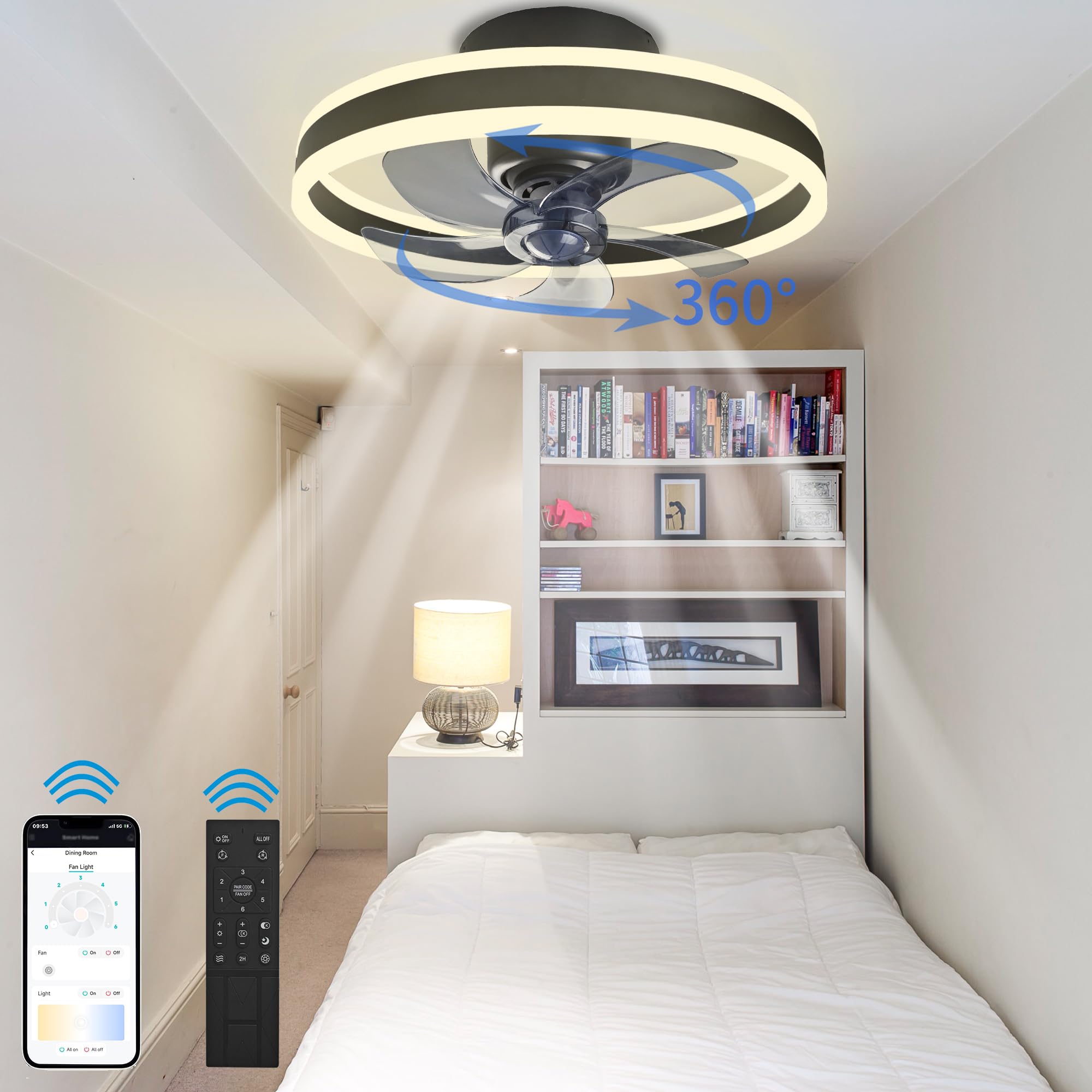 360° Oscillating Low Profile Ceiling Fan with Light Remote and APP Bluetooth Control,20 Inch Quiet Bladeless Ceiling Fan with Light, 6 Wind Speeds Color Temperature and Brightness Dimmable