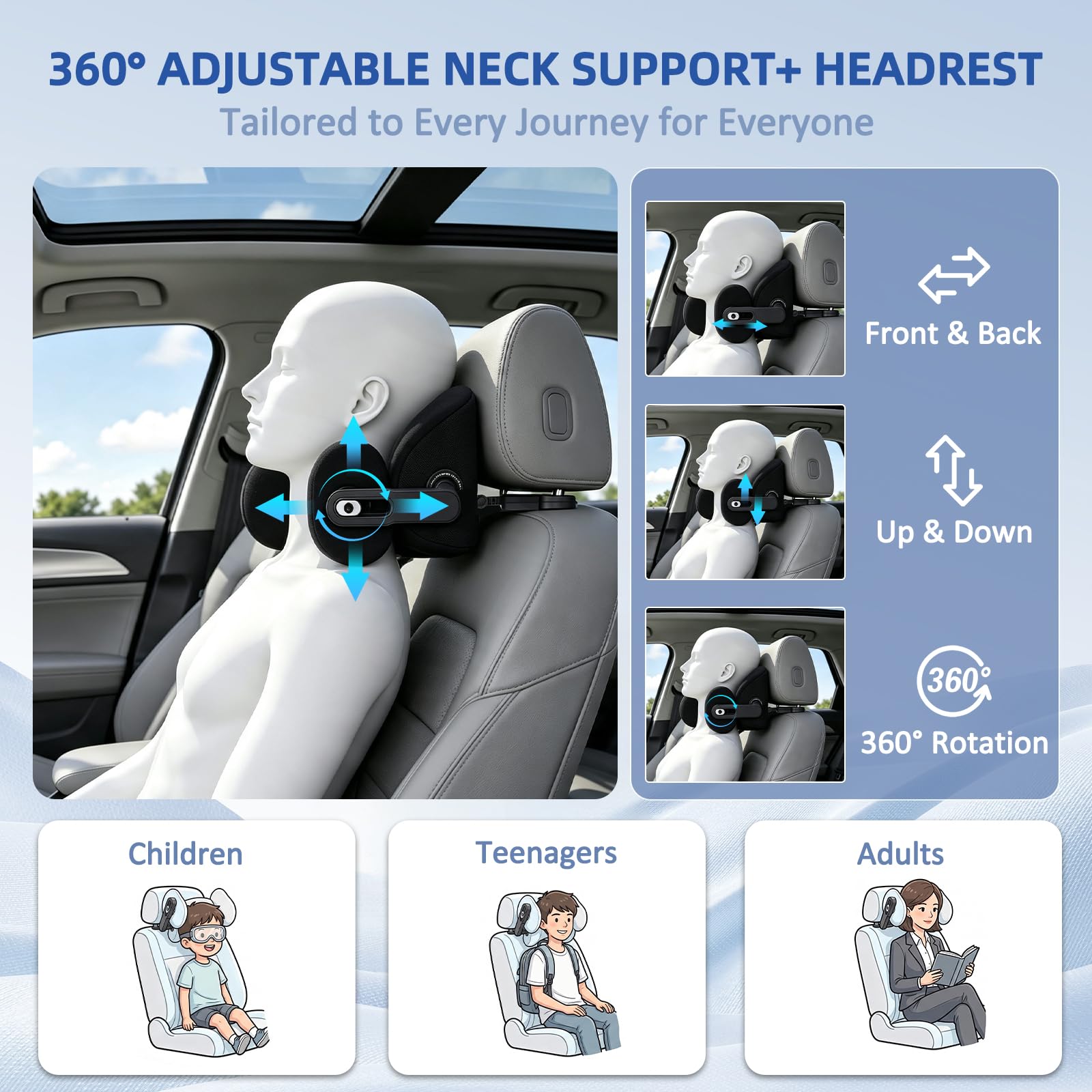 Repose Tete Voiture Réglable en 6 Positions pour Enfants/Adultes