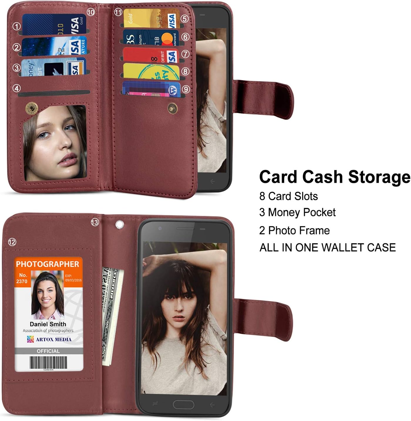 TILL for Samsung Galaxy J3 2018 / J3 Orbit Case, Galaxy J3 Star [PU Leather] Flip Wallet Case [Cash & Card Slot Holder] [Kickstand] Detachable Magnetic Folio Protective Case Cover [Brown]