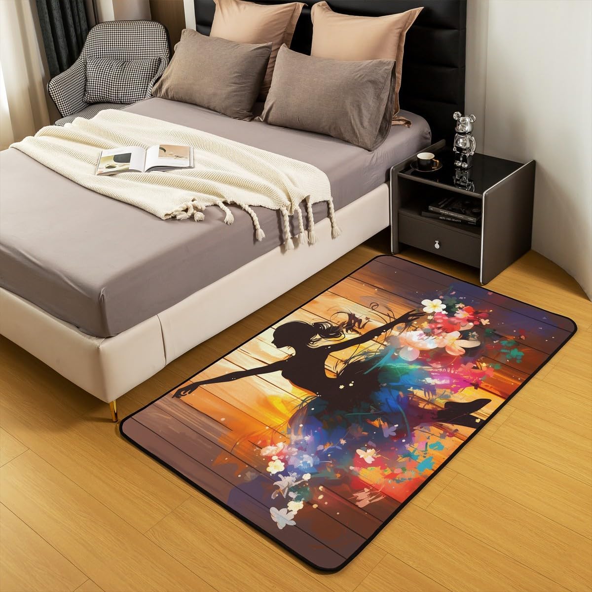 Feelyou Dance Area Rug 3x5 Ballet Princess Dancer Living Room Rugs for Kids Boys Girls Colorful Flower Decorative Carpet Ballet Dance Theme Indoor Floor Mat Accent Rug