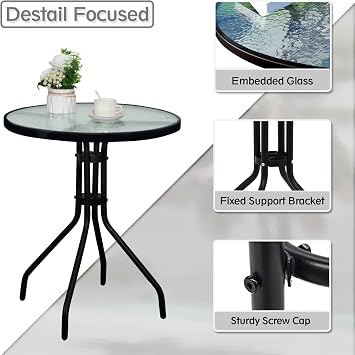 DIMAR GARDEN 24 Outdoor Side Table Patio Metal Round Bistro Coffee Table with Glass Top,Black