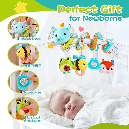 Miniatura 3 de Koty Juguetes de asiento de automóvil, lindo elefante para bebés de 0 a 6 meses, juguetes de cochecito con arrugado, mordedor, caja de música,