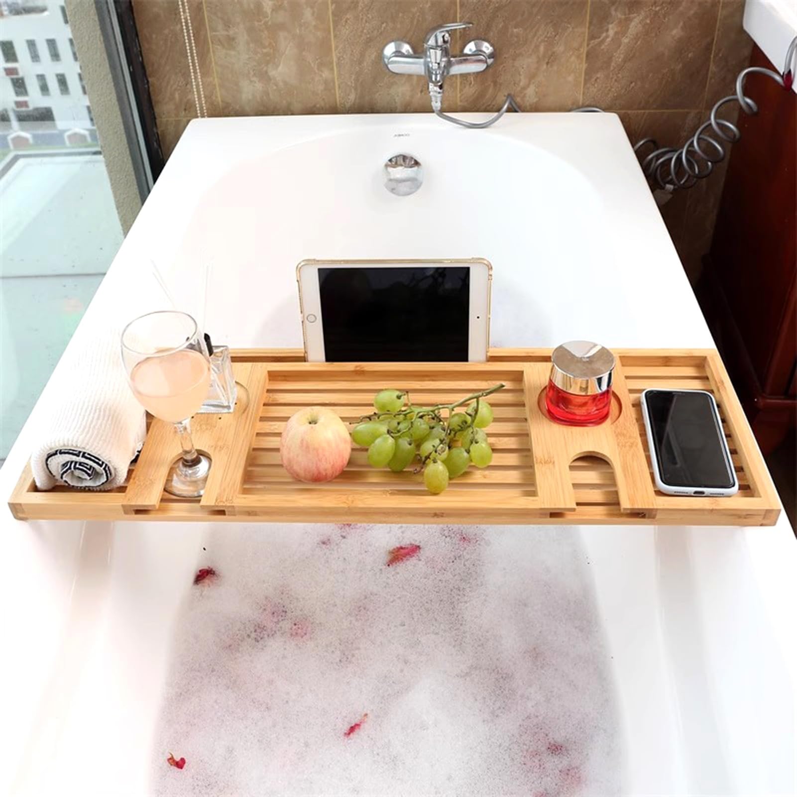 Bandeja de bañoBandeja de baño de bambú para bañera, Bandeja de Mesa de baño de 73 cm con Soportes para Copas de Vino y teléfono, Tablero de Almacenamiento Integrado para bañera, Accesorios