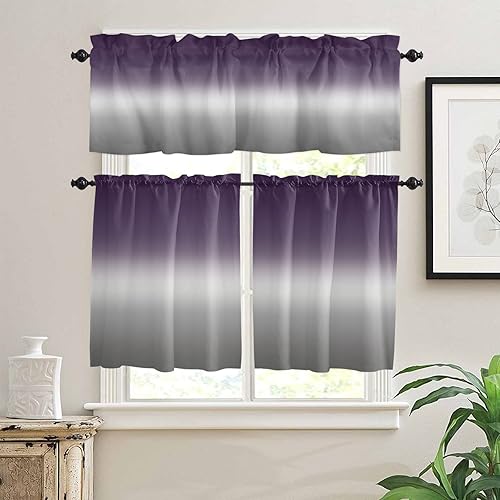 Miniatura 10 de Juego de cenefas y niveles de cortina de cocina azul y gris, con bolsillo para barra, juego de 3 piezas, color degradado gradual y moderno, para