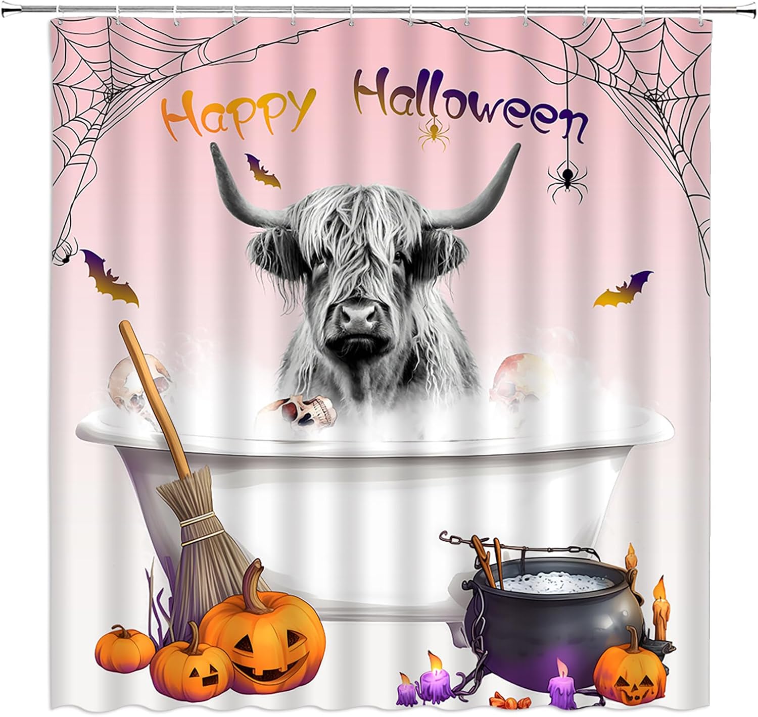 Halloween Extra Long Shower Curtain,Funny Highland Cow Wooden Witchy Longhorn Scary Festival Farmhouse Animal Rustic Gray Bathroom Home Curtain Decor with Hooks,70x78 Inch