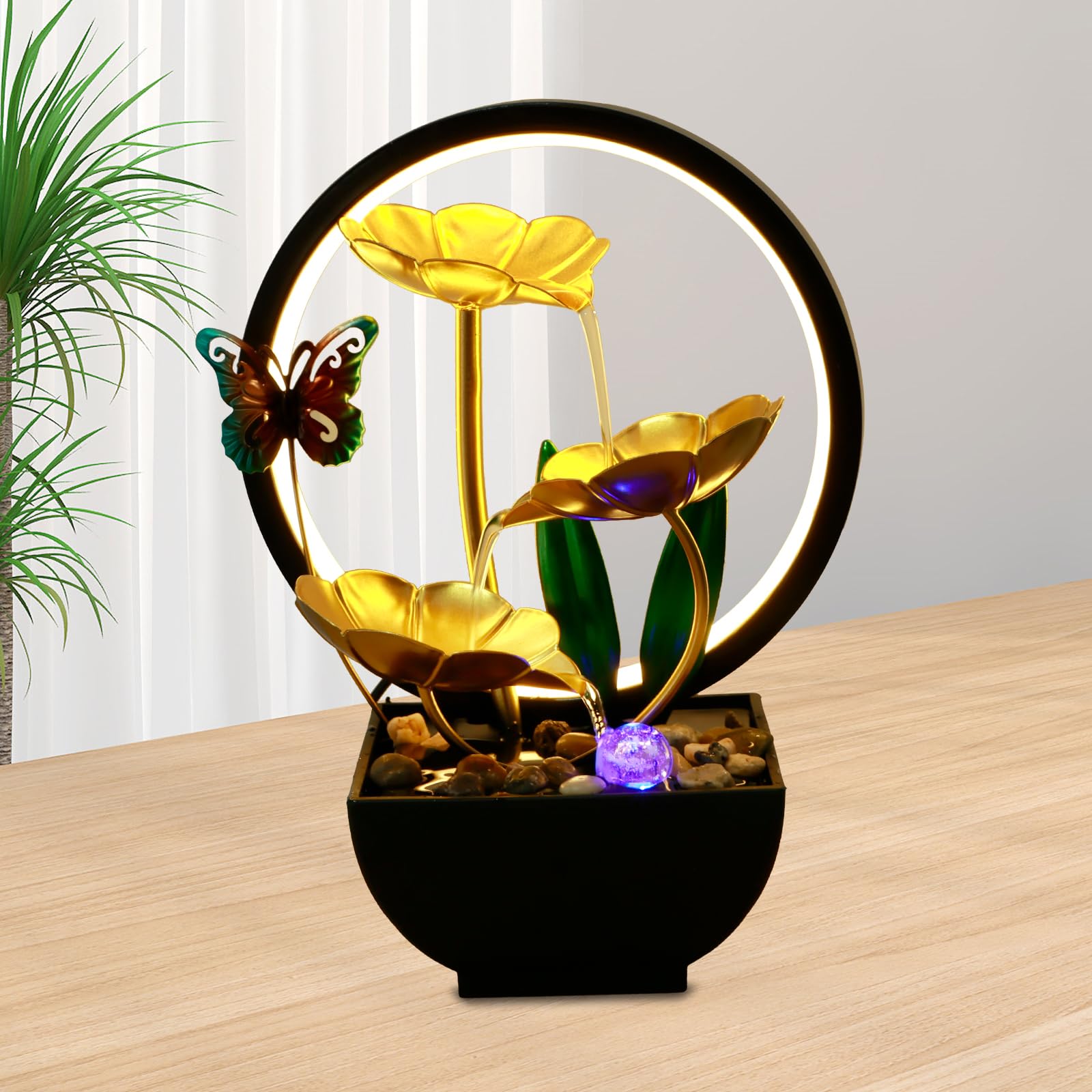 Tabletop Water Fountain, 3-Tiers Leaf Small Desktop Waterfall Fountains, USB Powered Tabletop Fountain with Natural Rocks and LED Lights, Indoor Humidifier for Office (Butterfly)