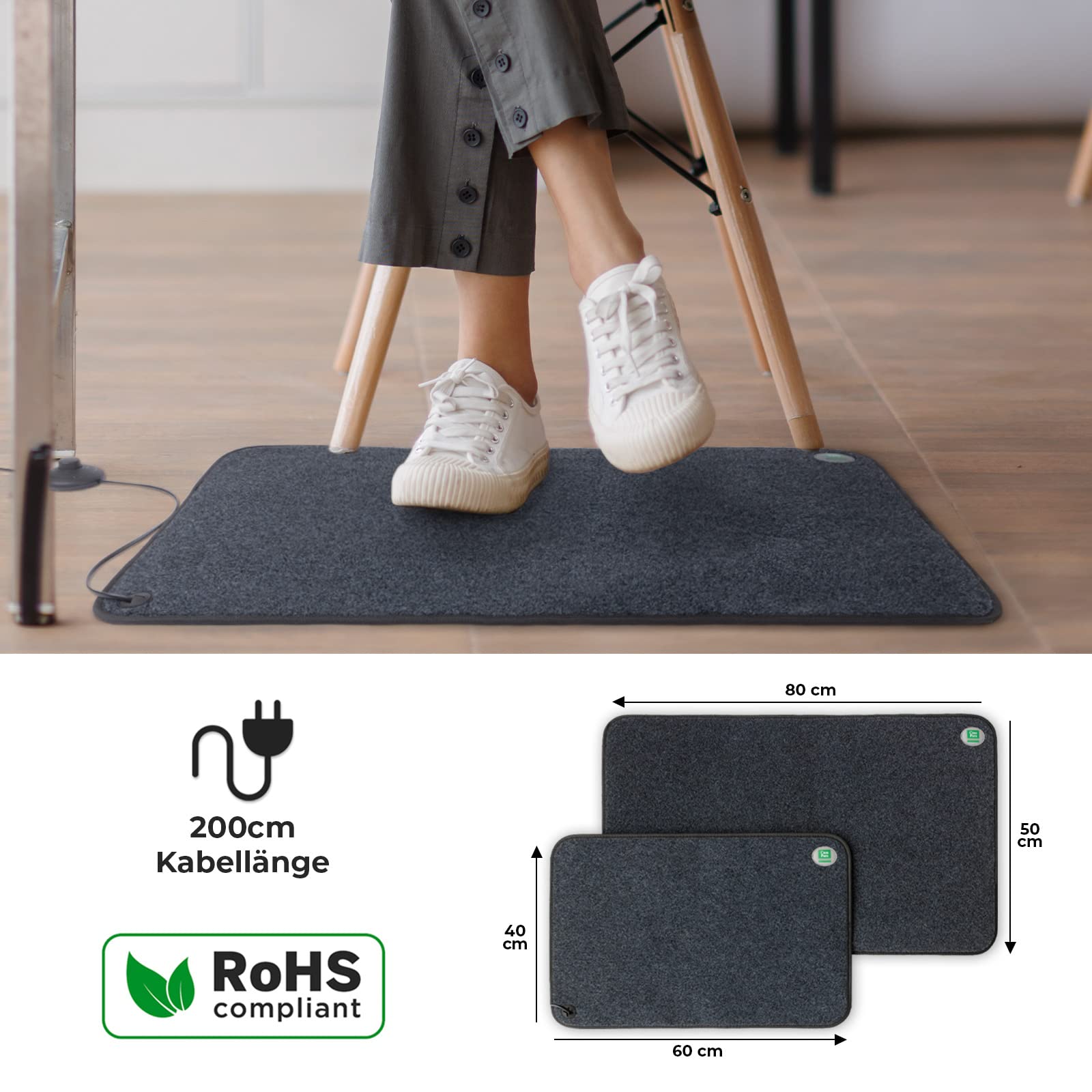 Tapis Chauffant - Chauff-Pieds avec Dos antidérapant - Tapis de Sol pour la Maison ou Le Bureau - Chauffable jusqu'à 55 °C - 40 x 60 cm